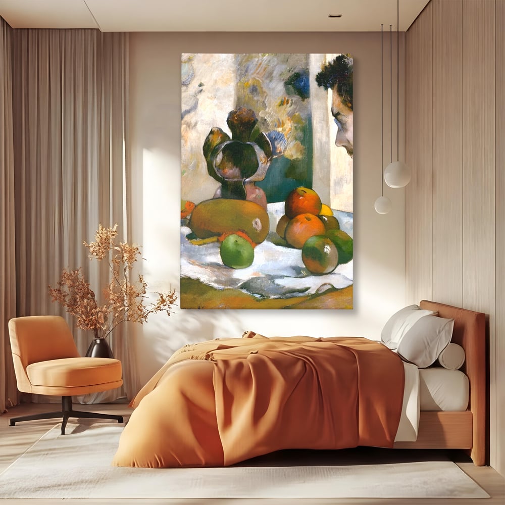 Tablou canvas cu pictura natura moarta cu fructe si vaza, fara rama, pe sasiu de lemn, pe perete intr-un dormitor